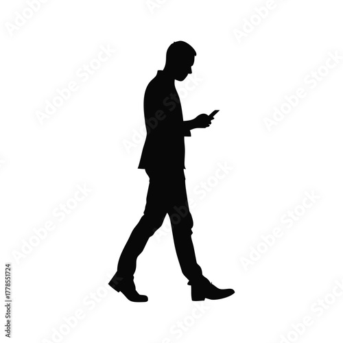 Black and white silhouette illustration of a man standing holding a cell phone, vector style