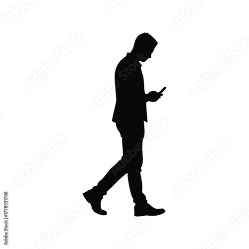 Black and white silhouette illustration of a man standing holding a cell phone, vector style