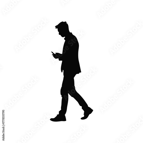 Black and white silhouette illustration of a man standing holding a cell phone, vector style
