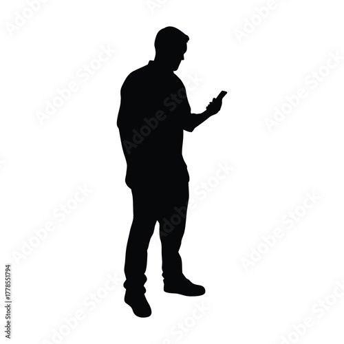 Black and white silhouette illustration of a man standing holding a cell phone, vector style