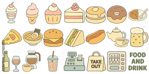 軽食・デザート・ドリンクのフラットイラスト素材、Flat Illustration Set of Snacks, Desserts and Drinks