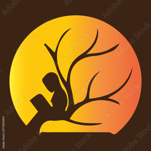 Silhouette of a person reading a book nestled within a tree s branches against a warm gradient sun isolated on white background silhouette