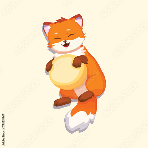 Cute fat fox standing cheerfully with big belly in funny cartoon style.