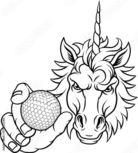 Unicorn horse stallion angry golf sports team mascot holding a ball.