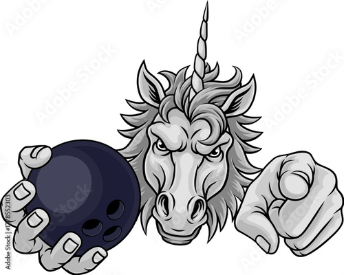 Unicorn horse stallion bowling angry sports team mascot holding a ball.