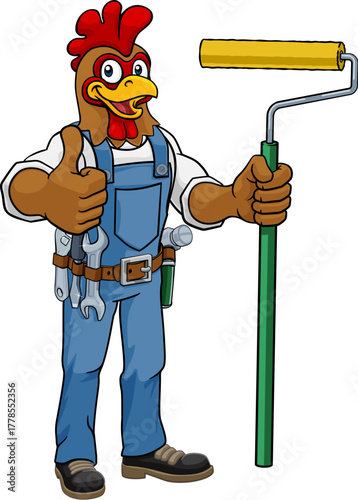 A chicken or rooster painter decorator handyman cartoon construction man mascot character holding a paint roller tool