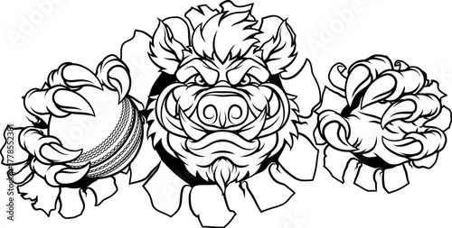 A wild boar, hog razorback warthog pig mean tough cartoon sports mascot holding a cricket ball