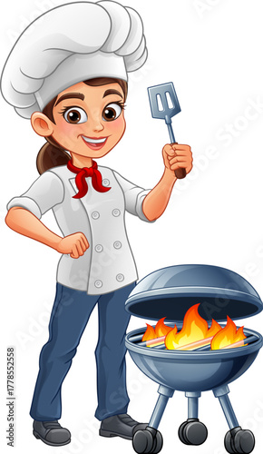 Cartoon woman female chef character in uniform, white hat red scarf standing by flaming barbecue grill holding spatula. Happy cook, lady chef for BBQ party, picnic, restaurant menu or mascot design.