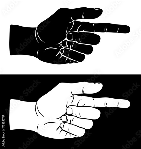 A hand pointing a finger in an etched vintage woodcut style