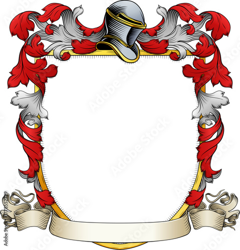 A coat of arms or crest family heraldry medieval heraldic knight shield with helmet and acanthus filigree scroll ornament in a vintage woodcut style.
