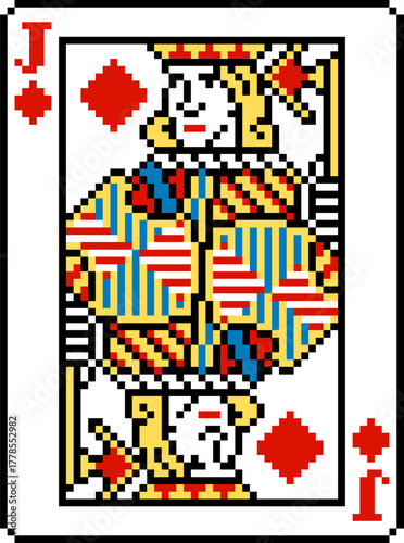A pixel art playing cards deck design, jack of diamonds. An original design, each card 55 squares wide by 74 tall.