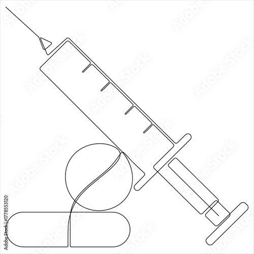 Continuous line drawing of medical syringe and vial simple illustration of vaccine and injection syringe line art vector illustration