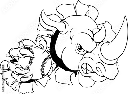 A Rhino Rhinoceros mean tough cartoon sports animal mascot holding a baseball or softball ball
