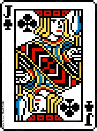 A pixel art playing cards deck design, jack of clubs. An original design, each card 55 squares wide by 74 tall.