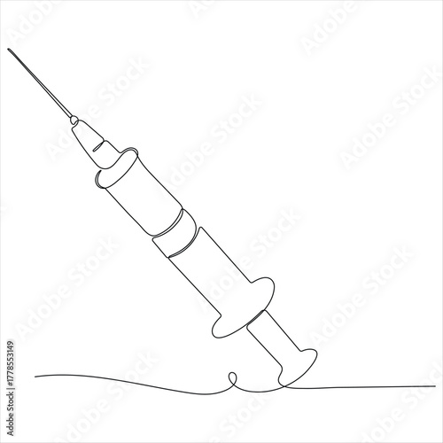 Continuous line drawing of medical syringe and vial simple illustration of vaccine and injection syringe line art vector illustration