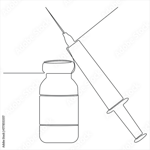 Continuous line drawing of medical syringe and vial simple illustration of vaccine and injection syringe line art vector illustration