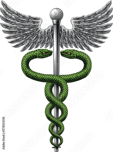 Caduceus staff of Hermes medical or commerce symbol. Snakes around a winged rod. Often used in place of the rod of Asclepius doctor icon for medicine and health care. Vintage woodcut etching style.