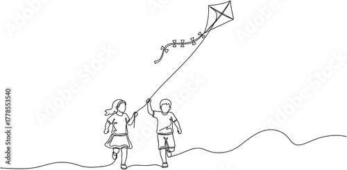 Two children flying a kite in an open field with rolling hills and a clear sky Outdoors Summer Childhood Play Joy Freedom