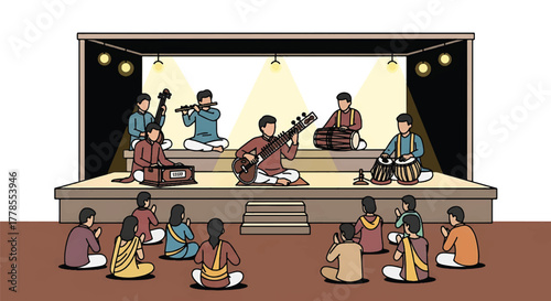 Illustration of musicians performing on a stage with seated audience in traditional Indian attire in a cultural setting.