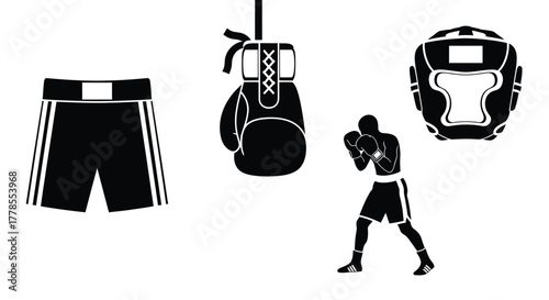 Boxing gear and boxer silhouette vector illustration design