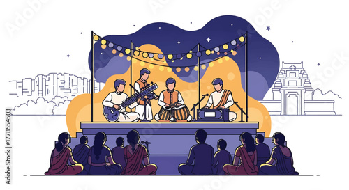 Illustration of musicians performing on a stage with an audience in a cultural setting at night.