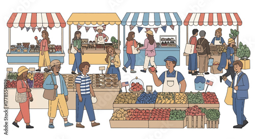 Illustration of people shopping and selling fresh produce at a vibrant outdoor market with colorful stalls and striped awnings.