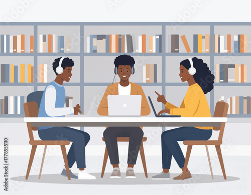 Illustration of three people wearing headsets and working on laptops at a table in a library with bookshelves