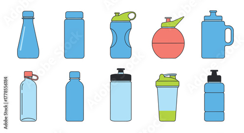 Assorted water bottles for fitness and hydration vector graphic
