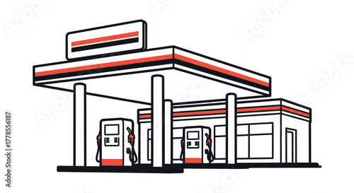 Gas station cartoon illustration fuel pumps and convenience store