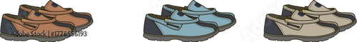 An artistic illustration of a stylish collection of men's casual boat shoes in various colors like brown, blue, and beige, perfect for summer fashion and everyday wear