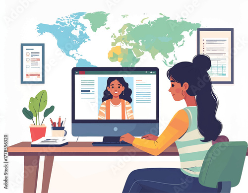 Illustration of a woman working on a computer with a video call in a home office setting.