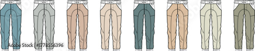 Collection of fashion pants in various muted earth tones and pastel shades displayed in a linear fashion for clothing design inspiration