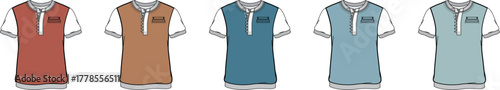 Men's polo shirt fashion flat sketch technical drawing template. Set of colorful short sleeve t-shirts with collar and pocket for apparel design