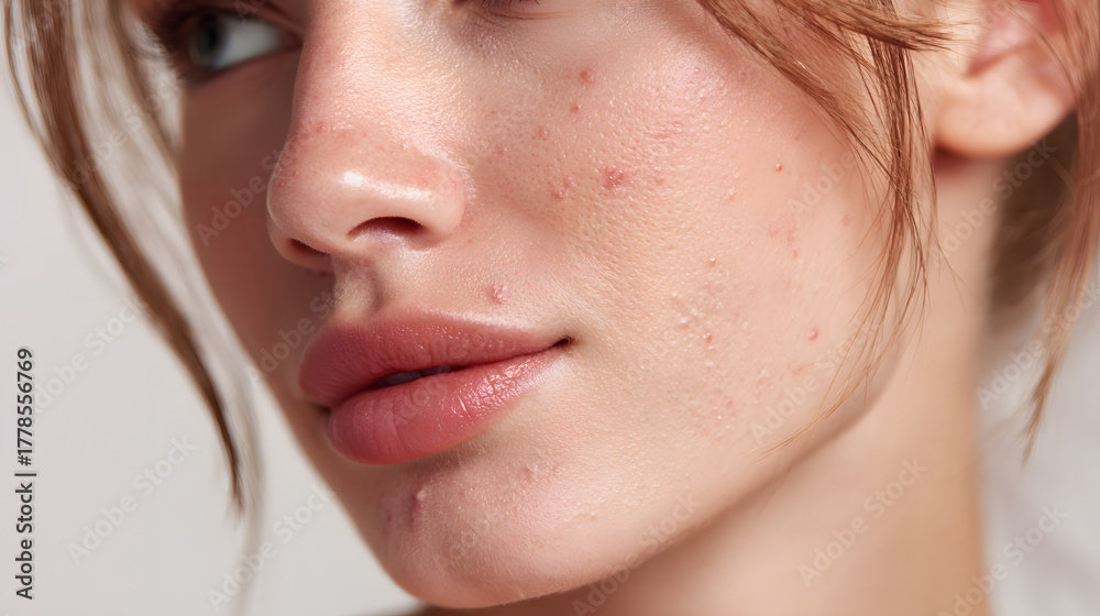 Obraz premium Close-up portrait of young woman with natural skin texture and soft lighting for beauty concept