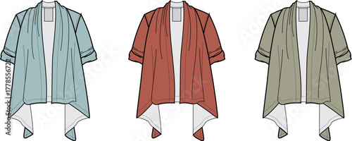 Three variations of a flowing cardigan jacket in different colors displayed side-by-side on a white background for fashion design reference