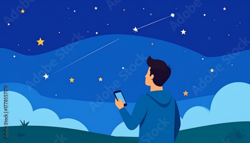 A person looking at stars in a night sky using a phone, with green hills and clouds