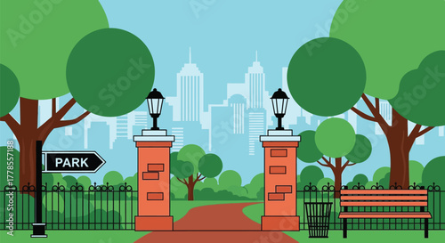 City park entrance vector illustration with trees and bench