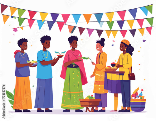 Illustration of diverse people socializing and sharing food at a colorful party with triangular flags and confetti