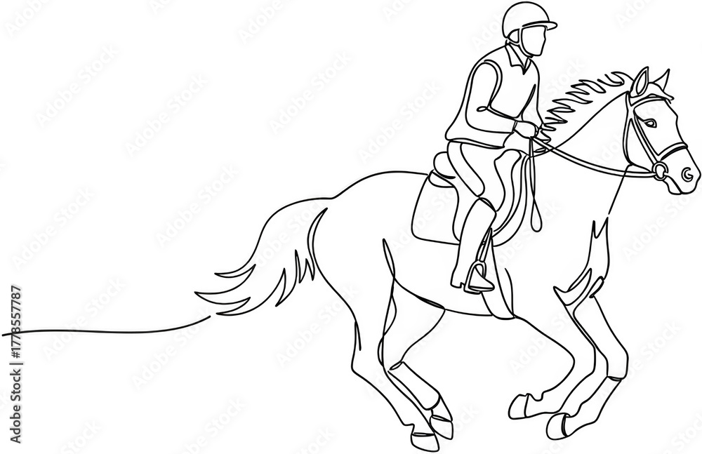 Fototapeta premium Line art sketch of a person wearing a helmet and riding a galloping horse with a flowing mane and tail Equestrian Rider Horseback
