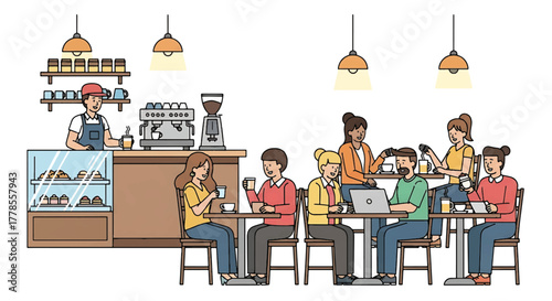 Illustration of people sitting at tables in a coffee shop with a counter and barista.