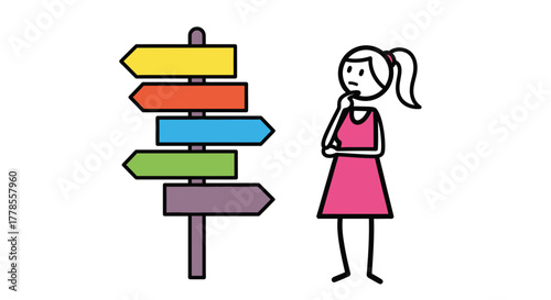 Woman decision making at colorful signpost vector illustration