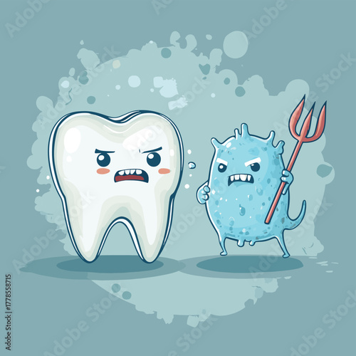 Happy healthy tooth fighting off a mean blue germ monster with a trident   , vector style simple color