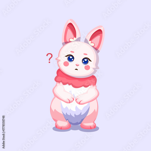 Cute bunny looking confused with a question mark above its head in pastel cartoon style.