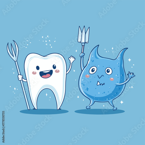 Happy healthy tooth fighting off a mean blue germ monster with a trident   , vector style simple color