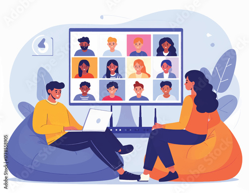 Illustration of two people sitting on bean bags in front of a large screen displaying a video conference with multiple participants.