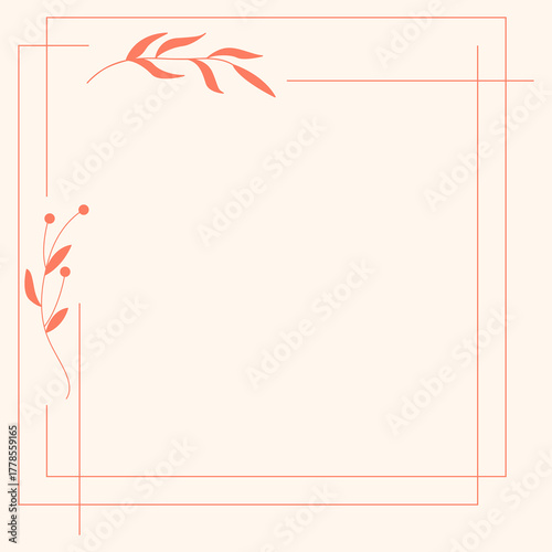 Floral and square hand drawn style. Floral red frame of twigs, leaves and flowers. Frames for the Valentine's day, wedding decor, logo and identity template.