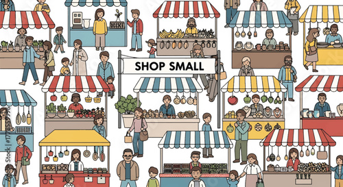 Illustration of a bustling outdoor market with people shopping and vendors selling goods from colorful stalls with striped awnings.