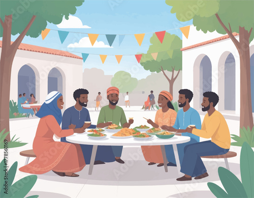 Illustration of a diverse group of people sitting around a table eating food outdoors in a courtyard with festive bunting.