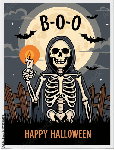 Spooky Halloween skeleton illustration with candle bats and moon vector design for holiday greeting cards and posters
