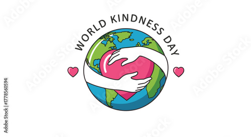 World Kindness Day vector illustration featuring a heart embraced by hands around the Earth promoting love and compassion